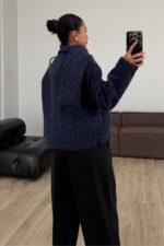 Atkılı Düğmeli Kırçıllı Ceket Lacivert - Görsel 4