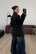 Oversize Kemerli Kaşe Ceket Antrasit - Görsel 3