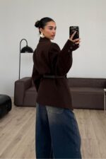 Oversize Kemerli Kaşe Ceket Kahverengi - Görsel 3