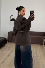 Oversize Kemerli Kaşe Ceket Vizon - Görsel 3