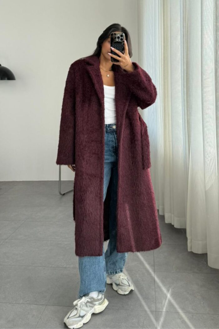 Oversize Uzun Kürk Kaban Bordo - Görsel 1