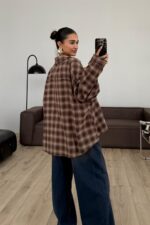 Lazer Kesim Ekose Gömlek Kahverengi - Görsel 3