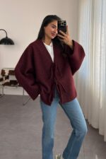 Önden Bağlamalı Kırçıllı Ceket Bordo