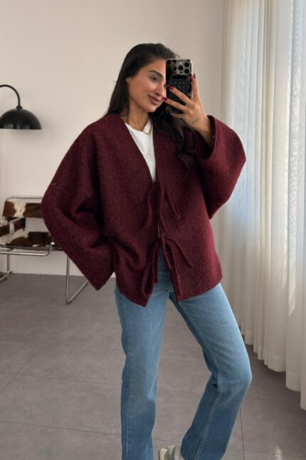 Önden Bağlamalı Kırçıllı Ceket Bordo