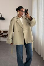 Premium Kısa Oversize Trenç Adaçayı Yeşil - Görsel 2