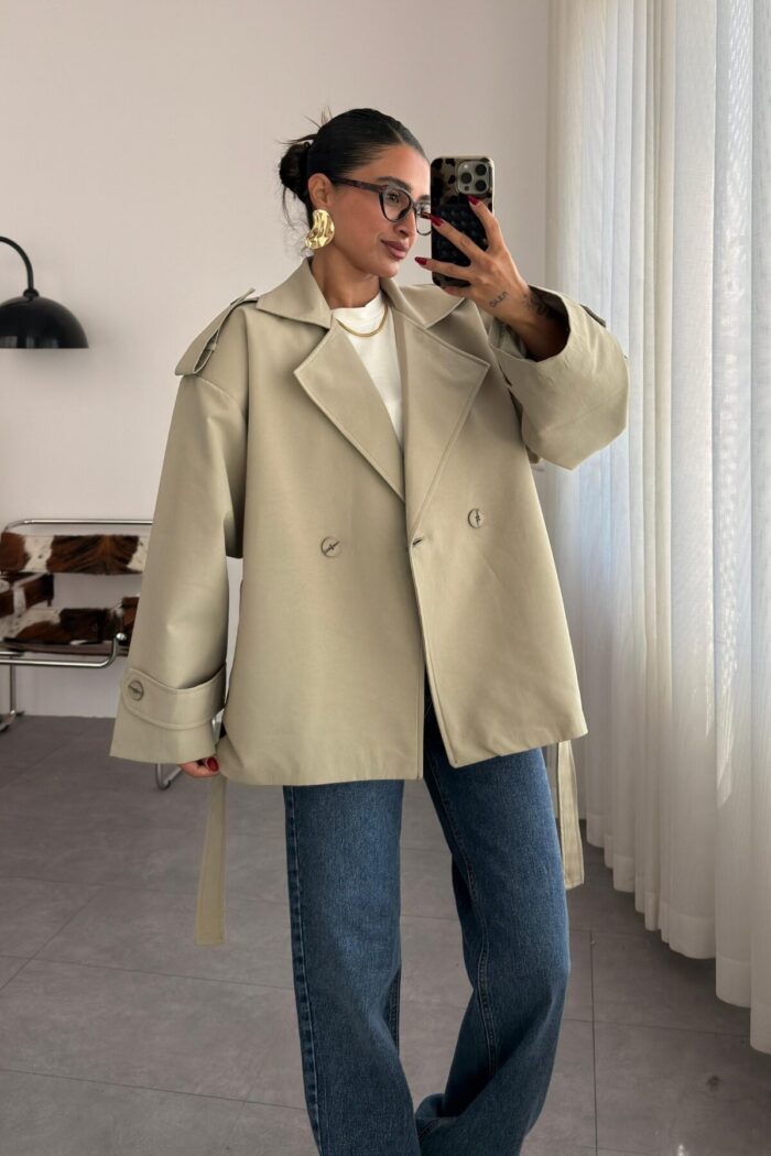 Premium Kısa Oversize Trenç Adaçayı Yeşil - Görsel 2