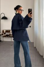 Oversize Beli Bağlamalı Kısa Trenç Lacivert - Görsel 4