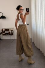 Paçası Düğmeli Kırışık Şalvar Pantolon Camel - Görsel 3