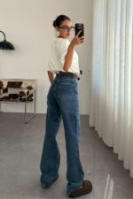 Perla Kemerli Lacivert Wide Leg Jean - Görsel 4