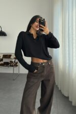 Polo Yaka İnce Bluz Siyah