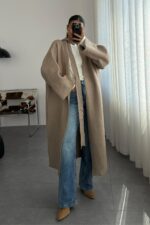 Kuşaklı Oversize hırka Vizon - Görsel 2