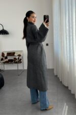 Kuşaklı Oversize hırka Füme - Görsel 4