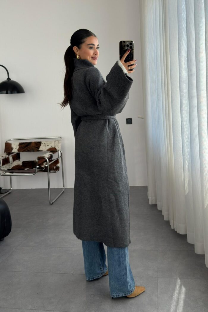 Kuşaklı Oversize hırka Füme - Görsel 4