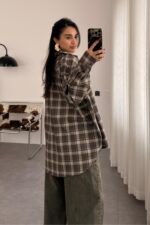 Ekose Oversize Oduncu Gömlek Kahve Bej - Görsel 3