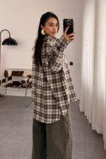 Ekose Oversize Oduncu Gömlek Kahve Beyaz - Görsel 3