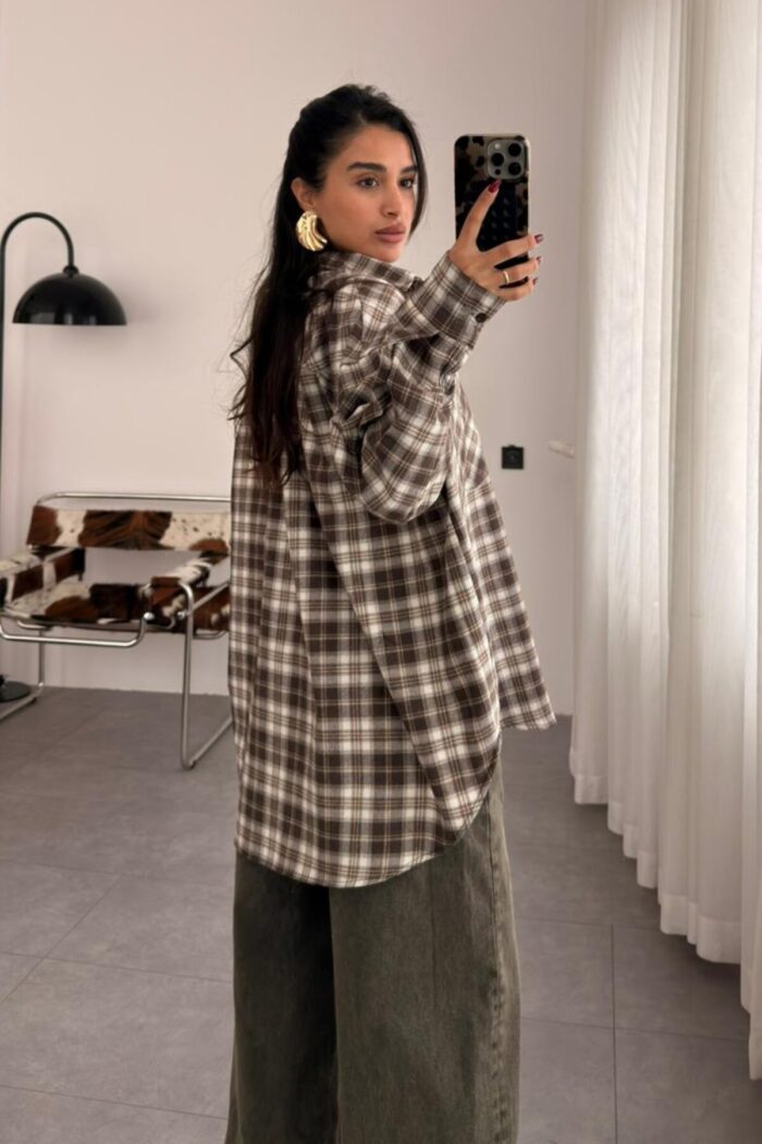 Ekose Oversize Oduncu Gömlek Kahve Beyaz - Görsel 3