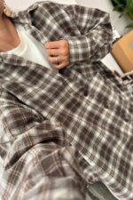 Ekose Oversize Oduncu Gömlek Kahve Beyaz - Görsel 2