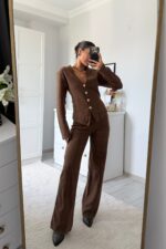 Gold Düğmeli Triko Takım Kahve