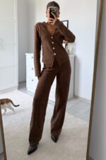 Gold Düğmeli Triko Takım Kahve - Görsel 3