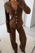 Gold Düğmeli Triko Takım Kahve - Görsel 2