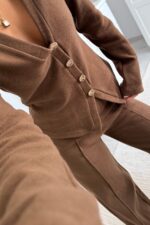 Gold Düğmeli Triko Takım Kahve - Görsel 4