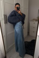 Kesik Paçalı Renkli Taşlı Wide Leg Jean - Görsel 4