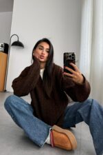 Nadia Saç Örgülü Kazak Kahverengi