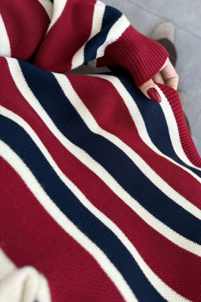 Düğmeli Oversize Çizgili Kazak Bordo - Görsel 3