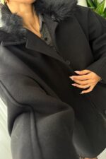 Oversize Yakası Kürklü Ceket Siyah - Görsel 2