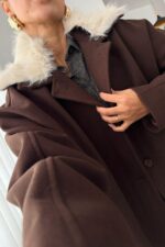 Oversize Yakası Kürklü Ceket Kahverengi - Görsel 2