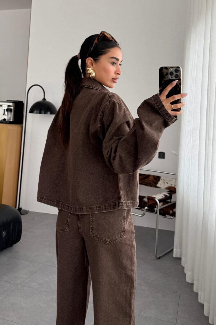 Fermuarlı Denim Kahve Eskitme Ceket - Görsel 4