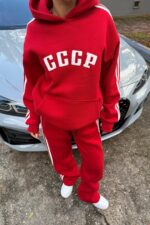 Çizgili Oversize Sweat Eşofman Takım Kırmızı - Görsel 3