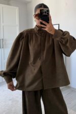 Balon Kol Şalvar Süet Takım Haki - Görsel 4