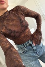 Çiçek Desenli Dantel Bluz Kahverengi - Görsel 3