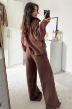 Dik Yaka Fermuarlı Triko Takım Kahverengi - Görsel 4