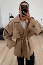 Kruvaze Kısa Trençkot Camel - Görsel 2