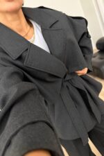 Kruvaze Kısa Trençkot Füme - Görsel 2