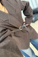 Oversize Kemerli Kaşe Ceket Kahverengi - Görsel 2