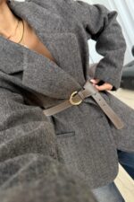 Oversize Kemerli Kaşe Ceket Vizon - Görsel 2