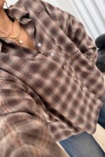 Lazer Kesim Ekose Gömlek Kahverengi - Görsel 2