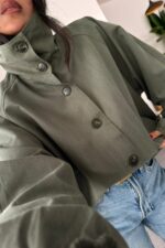 Oversize Dik Yaka Bomber Trenç Haki - Görsel 3
