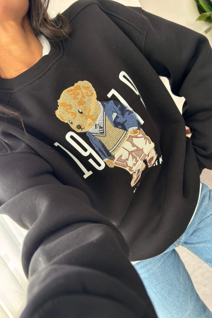 Ayıcık İşlemeli Oversize Sweat Siyah - Görsel 2