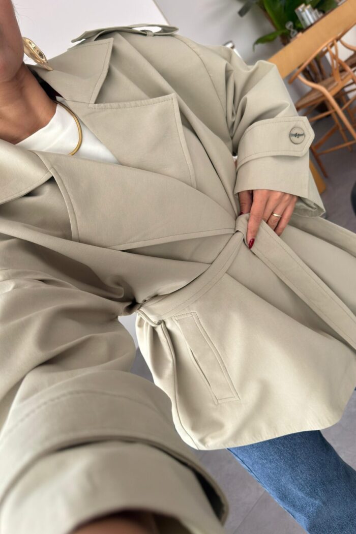 Premium Kısa Oversize Trenç Adaçayı Yeşil - Görsel 3