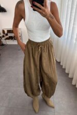 Paçası Düğmeli Kırışık Şalvar Pantolon Camel - Görsel 2