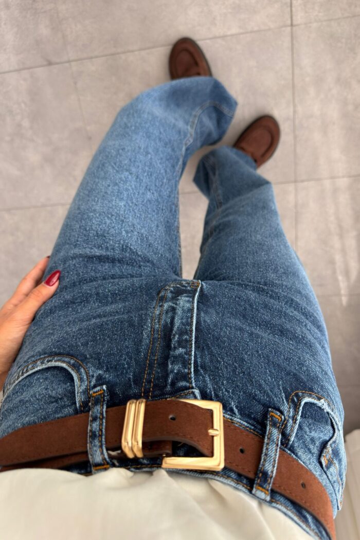 Perla Kemerli Lacivert Wide Leg Jean - Görsel 3