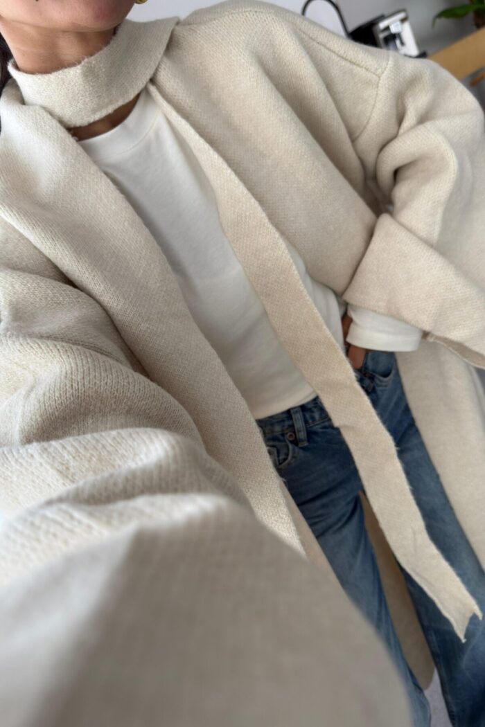 Kuşaklı Oversize hırka Taş - Görsel 3