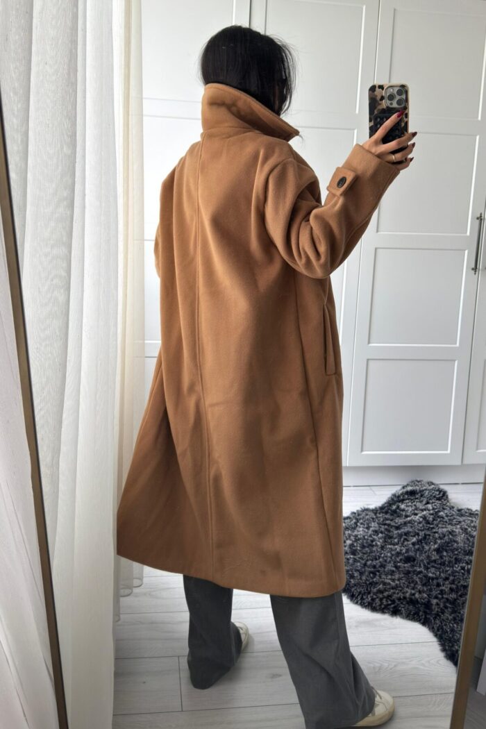 Düğmeli Kalın Kaşe Kaban Camel - Görsel 5