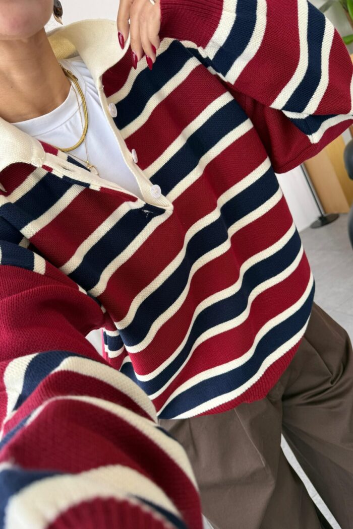 Düğmeli Oversize Çizgili Kazak Bordo - Görsel 2