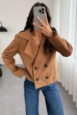 Kruvaze Kısa Süet Ceket Camel - Görsel 2