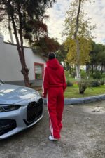 Çizgili Oversize Sweat Eşofman Takım Kırmızı - Görsel 4